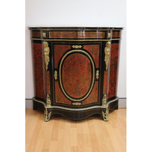 79 - Fine antique French Napoleon III red boulle cabinet, serpentine shape, with white marble top & singl... 