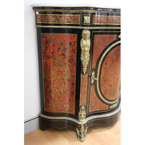 79 - Fine antique French Napoleon III red boulle cabinet, serpentine shape, with white marble top & singl... 