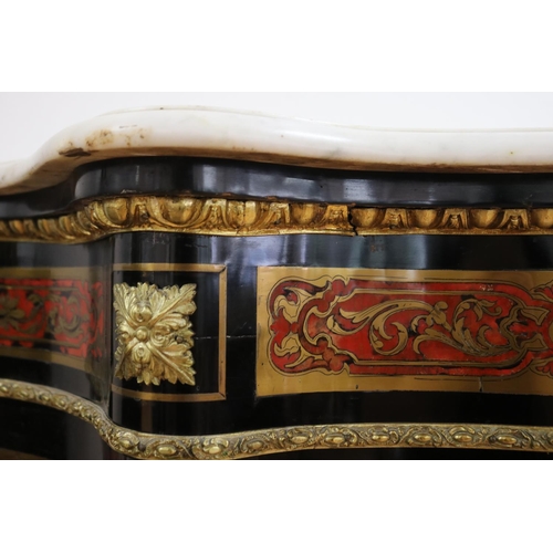 79 - Fine antique French Napoleon III red boulle cabinet, serpentine shape, with white marble top & singl... 