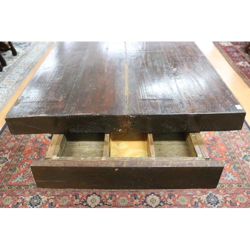 90 - Long antique style slab top trestle table, champhered square legs, with central stretcher, approx 76... 