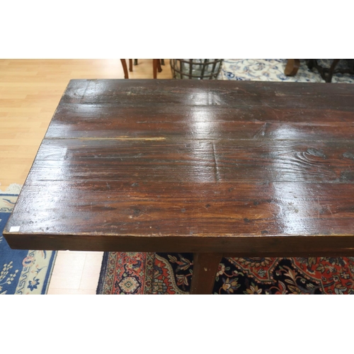 90 - Long antique style slab top trestle table, champhered square legs, with central stretcher, approx 76... 