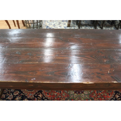 90 - Long antique style slab top trestle table, champhered square legs, with central stretcher, approx 76... 