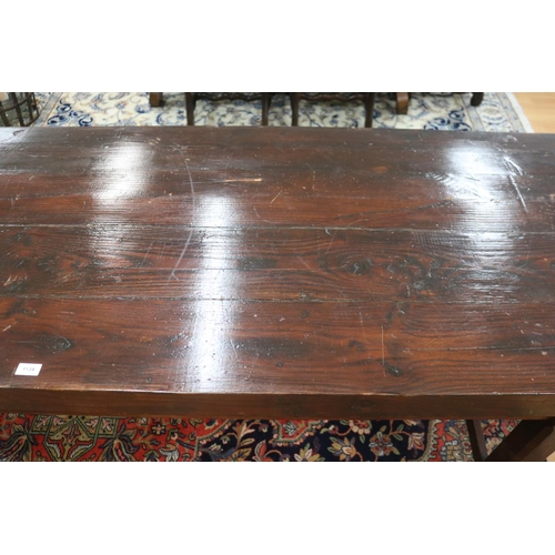 90 - Long antique style slab top trestle table, champhered square legs, with central stretcher, approx 76... 