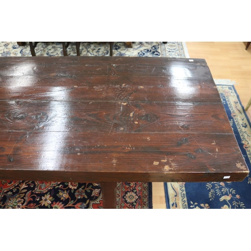 90 - Long antique style slab top trestle table, champhered square legs, with central stretcher, approx 76... 