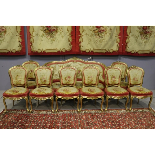 105 - Impressive antique 19th century French Louis XV nine piece lounge suite, gilt wood with Aubusson uph... 