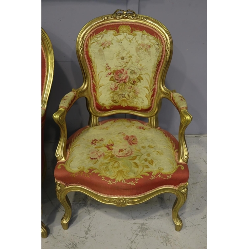 105 - Impressive antique 19th century French Louis XV nine piece lounge suite, gilt wood with Aubusson uph... 