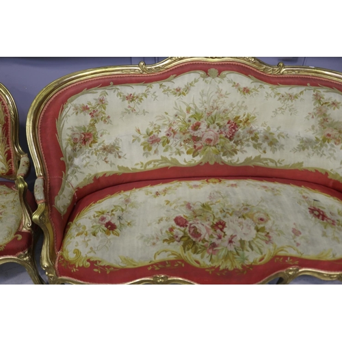 105 - Impressive antique 19th century French Louis XV nine piece lounge suite, gilt wood with Aubusson uph... 