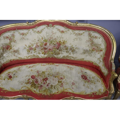 105 - Impressive antique 19th century French Louis XV nine piece lounge suite, gilt wood with Aubusson uph... 