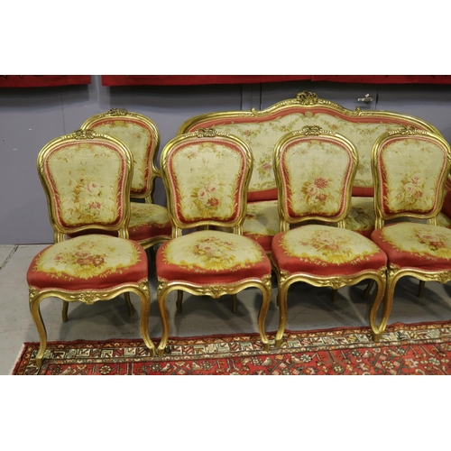 105 - Impressive antique 19th century French Louis XV nine piece lounge suite, gilt wood with Aubusson uph... 