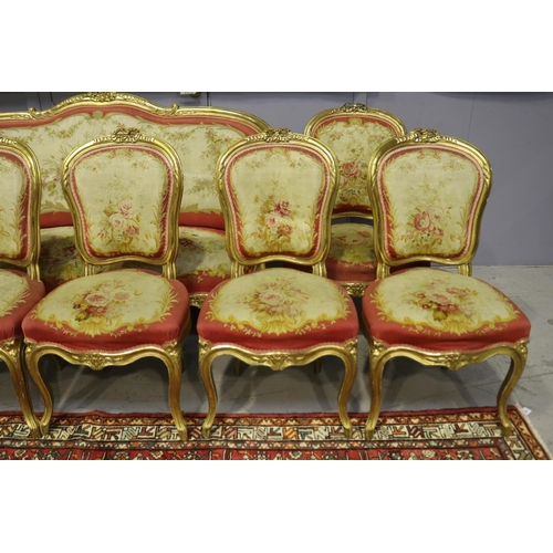 105 - Impressive antique 19th century French Louis XV nine piece lounge suite, gilt wood with Aubusson uph... 