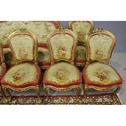 105 - Impressive antique 19th century French Louis XV nine piece lounge suite, gilt wood with Aubusson uph... 