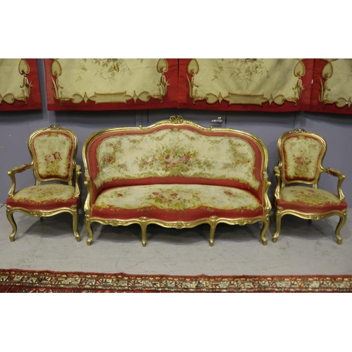 105 - Impressive antique 19th century French Louis XV nine piece lounge suite, gilt wood with Aubusson uph... 