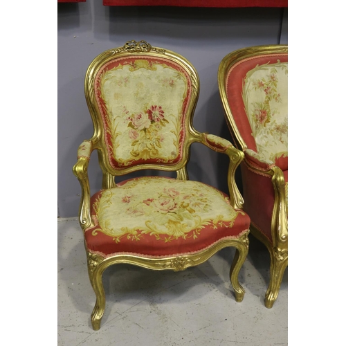 105 - Impressive antique 19th century French Louis XV nine piece lounge suite, gilt wood with Aubusson uph... 