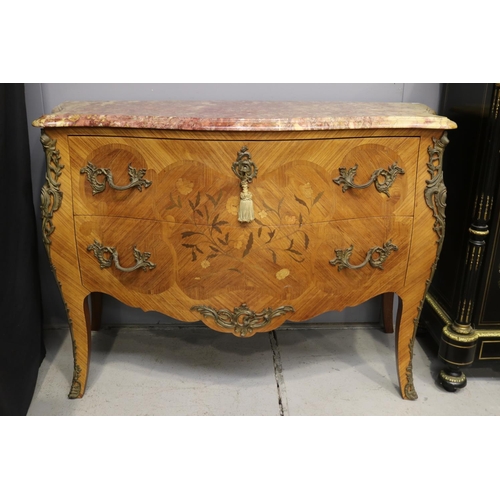 125 - Vintage French marble topped two drawer commode, cast brass mounts, approx 83cm H x 120cm W X 54cm D