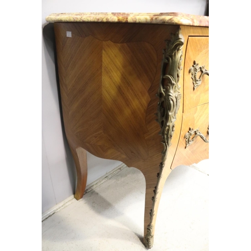 125 - Vintage French marble topped two drawer commode, cast brass mounts, approx 83cm H x 120cm W X 54cm D