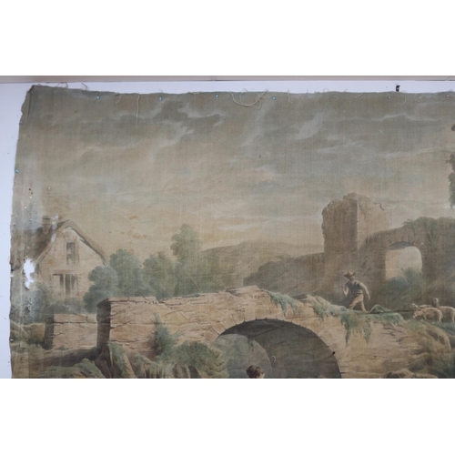 114 - Large antique early 19th century French Chateau painted canvas wall hanging, approx 227cm x 397cm