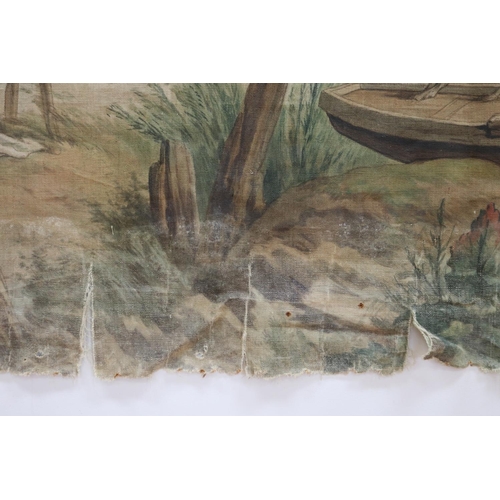 114 - Large antique early 19th century French Chateau painted canvas wall hanging, approx 227cm x 397cm