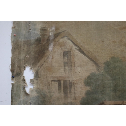 114 - Large antique early 19th century French Chateau painted canvas wall hanging, approx 227cm x 397cm