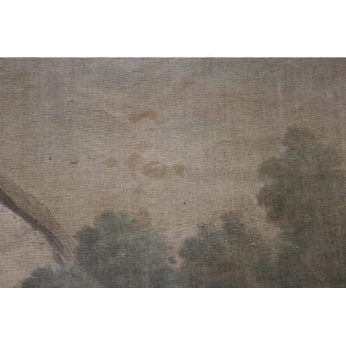 114 - Large antique early 19th century French Chateau painted canvas wall hanging, approx 227cm x 397cm