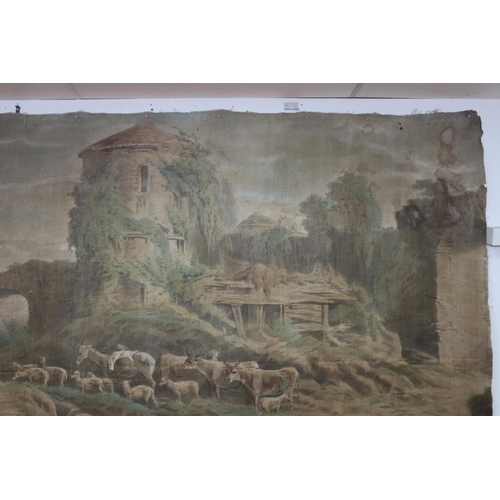 114 - Large antique early 19th century French Chateau painted canvas wall hanging, approx 227cm x 397cm