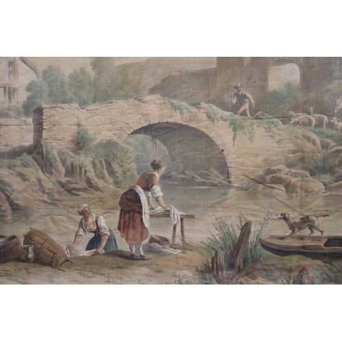 114 - Large antique early 19th century French Chateau painted canvas wall hanging, approx 227cm x 397cm