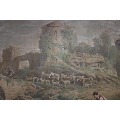 114 - Large antique early 19th century French Chateau painted canvas wall hanging, approx 227cm x 397cm