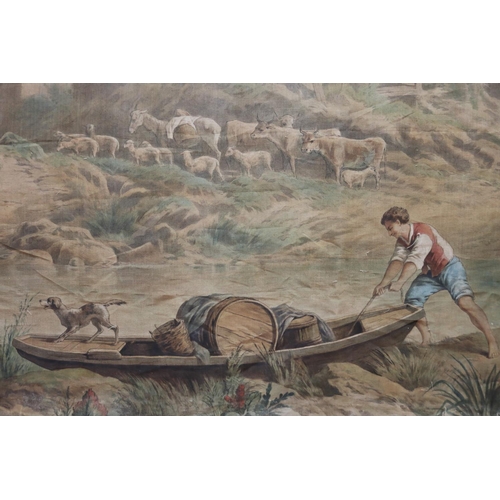 114 - Large antique early 19th century French Chateau painted canvas wall hanging, approx 227cm x 397cm