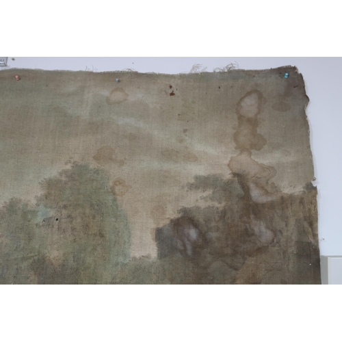 114 - Large antique early 19th century French Chateau painted canvas wall hanging, approx 227cm x 397cm