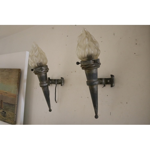 84 - Pair of French wrought iron wall lamps, with flambe glass shades, untested / unknown working conditi... 