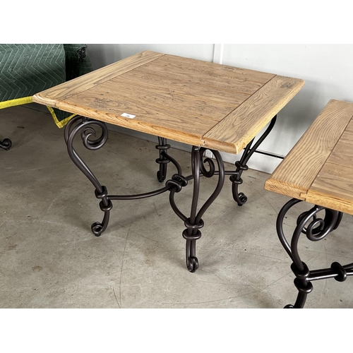 403 - Quality oak topped hand forged wrought iron based side or lamp table, approx 53cm H x 66cm square