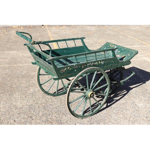 89 - Antique French market cart, in green with floral decoration, approx 118cm L x 64cm W x 75cm H (exclu... 