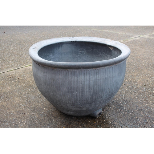 90 - Large antique French glazed grey pottery vat, with drain hole to the base side, approx 66cm H x 99cm... 