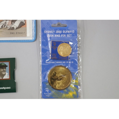 46 - Mixed lot - westpac Bradman 1996 $5 coins, Sydney Olympic coin & pin set, 1993 $1 coin, Royal Austra... 