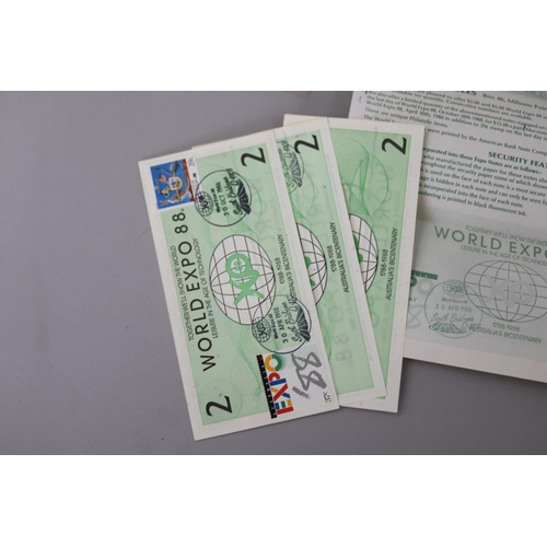 7 - World Expo 88 Expo dollars - 3 $2 expo dollars, UNC 3 x $5 expo dollar UNC