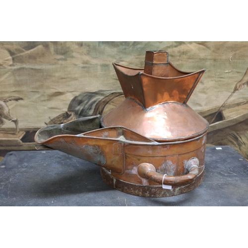 Rare combination antique French copper wine makers pouring vessel and barrel funnel, approx 44cm H x 60cm W x 36cm D (excluding handle) (2)