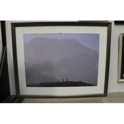 792 - Framed image, of figures in a mountainous scene approx 58cm x 81cm