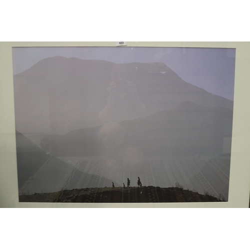 792 - Framed image, of figures in a mountainous scene approx 58cm x 81cm