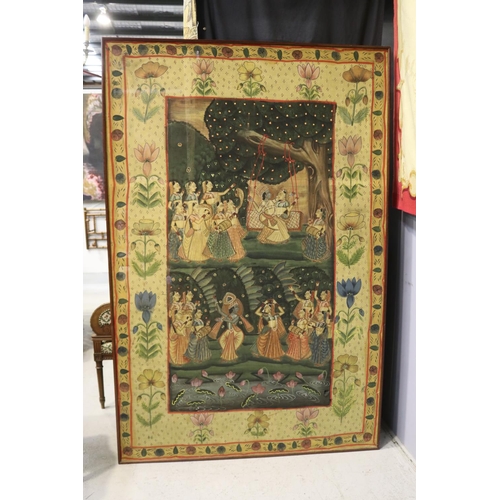 803 - Old traditional Indian painted cloth panel, showing scenes of dancing & celebration, approx 182cm H ... 