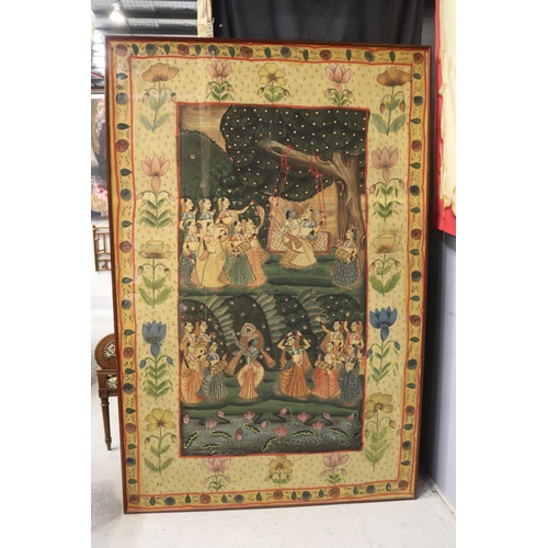 803 - Old traditional Indian painted cloth panel, showing scenes of dancing & celebration, approx 182cm H ... 