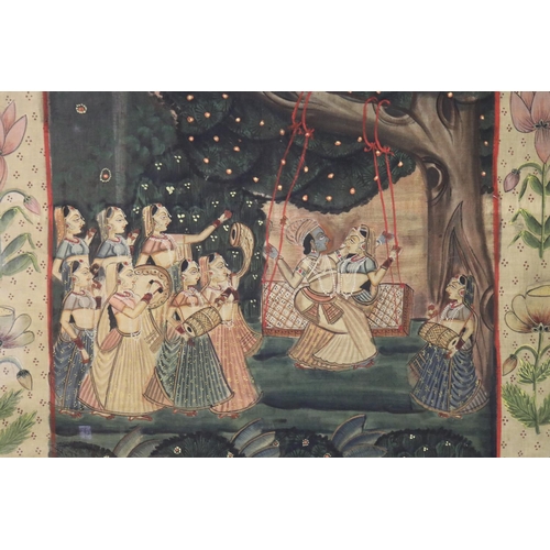 803 - Old traditional Indian painted cloth panel, showing scenes of dancing & celebration, approx 182cm H ... 