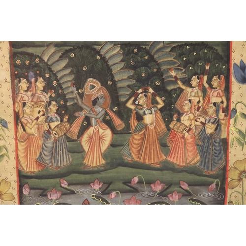 803 - Old traditional Indian painted cloth panel, showing scenes of dancing & celebration, approx 182cm H ... 