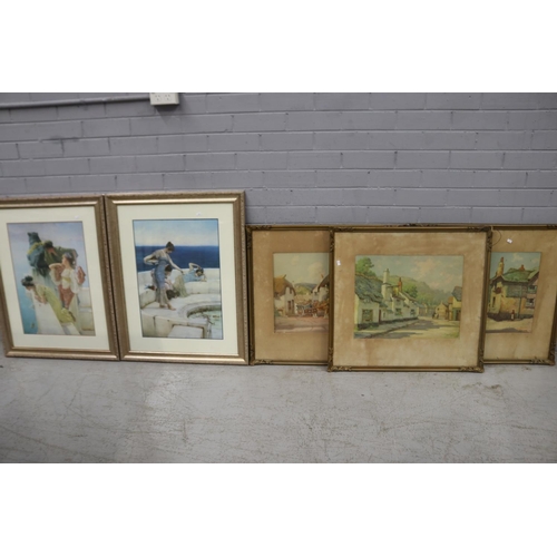 809 - Three decorative coloured prints of English villages & two prints after Alma Tadema, each approx 40c... 