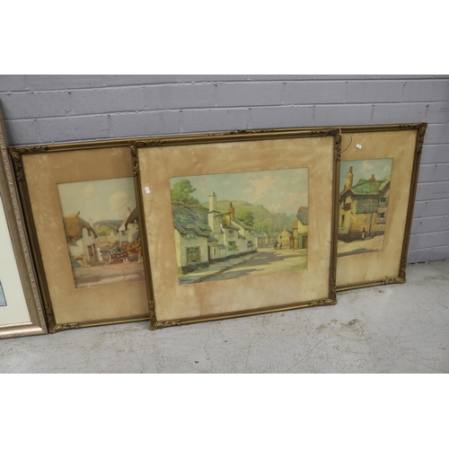 809 - Three decorative coloured prints of English villages & two prints after Alma Tadema, each approx 40c... 