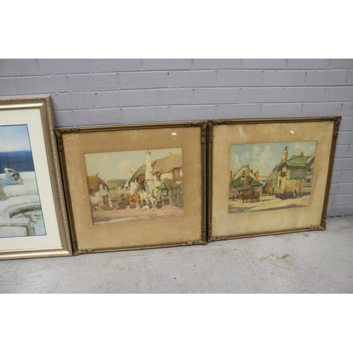 809 - Three decorative coloured prints of English villages & two prints after Alma Tadema, each approx 40c... 