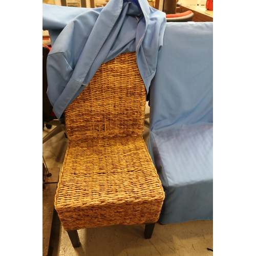 823 - Pair of highback chairs covered with blue slip, each approx 104cm H x 49cm W x 50cm D (2)