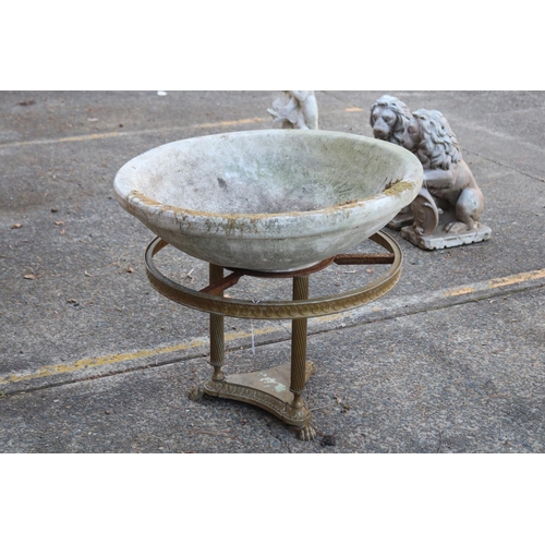 835 - Composite stone planter bowl on vintage brass table base, approx 78cm Dia x 67cm H (2)