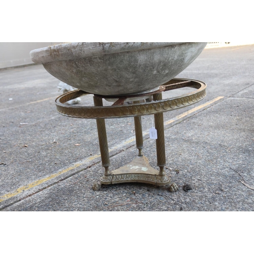 835 - Composite stone planter bowl on vintage brass table base, approx 78cm Dia x 67cm H (2)