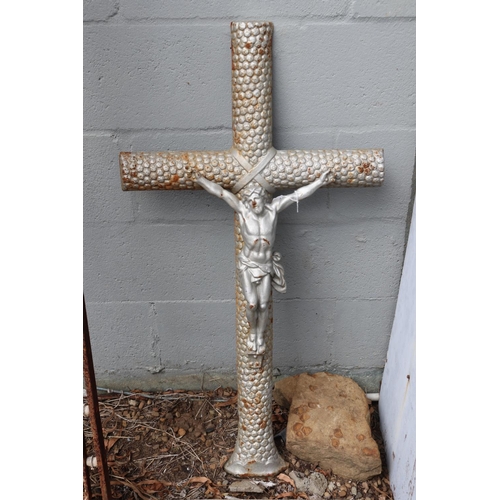 838 - Antique French cast iron cross, Jesus, approx 91cm H x 48cm W