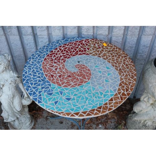 840 - French mid century design tiled top garden table, approx 59cm Dia x 69cm H