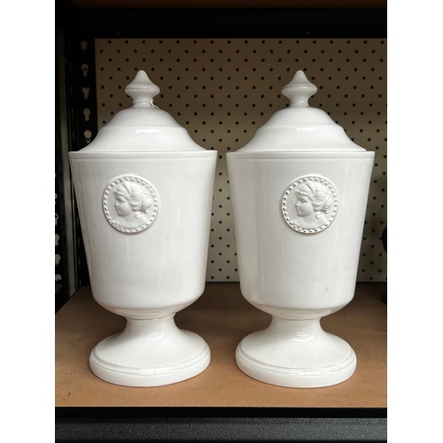90 - Two French style lidded pottery jars, approx 28cm H